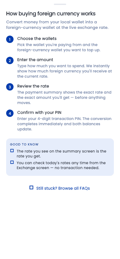 How buying foreign currency works — as shown in the Curnance app