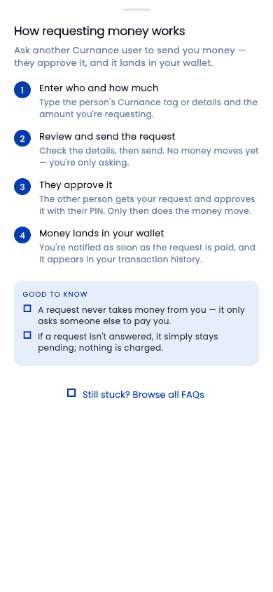 How requesting money works — as shown in the Curnance app