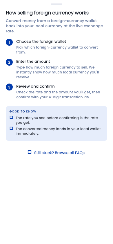 How selling foreign currency works — as shown in the Curnance app