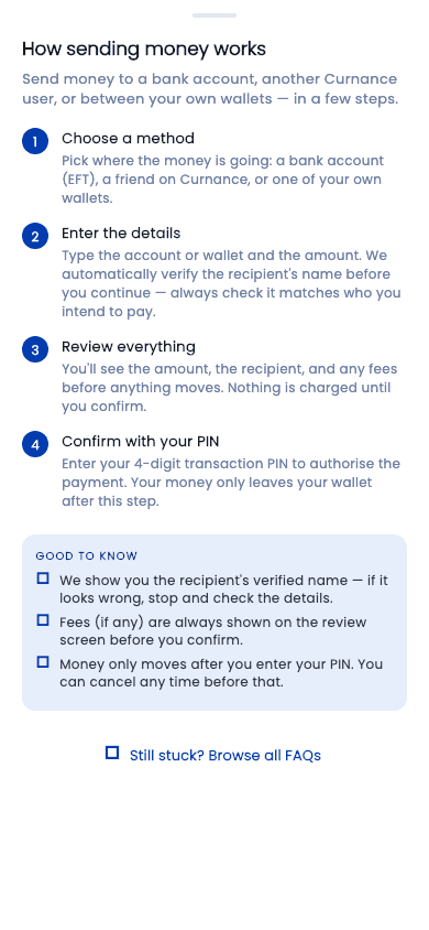 How sending money works — as shown in the Curnance app