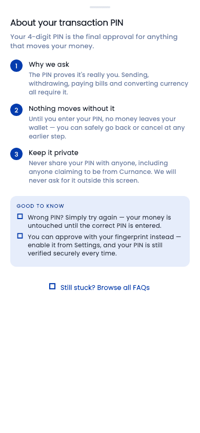 About your transaction PIN — as shown in the Curnance app