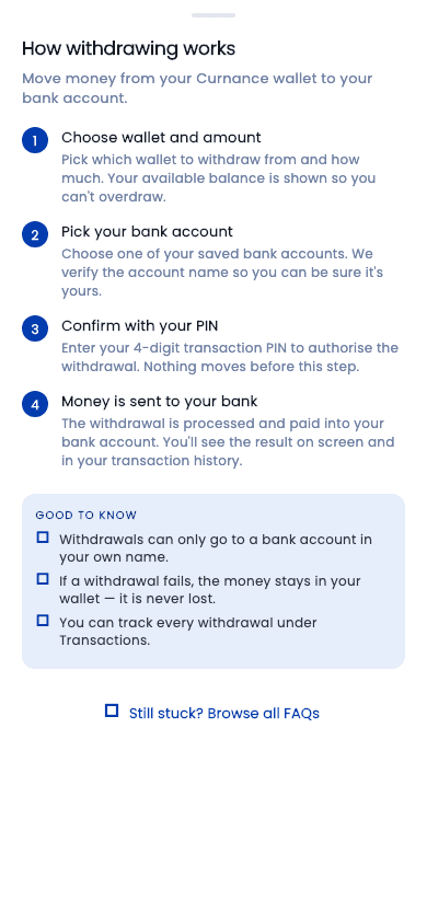 How withdrawing works — as shown in the Curnance app